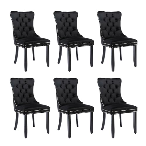 Merax Dining Chairs Set of 6, Modern Upholstered Seating for Kitchen, Featuring Solid Wood Legs, Riveted Trim, Chrome Knocker Ring, High-end Tufted Design, Soft Velvet Upholstery, Black