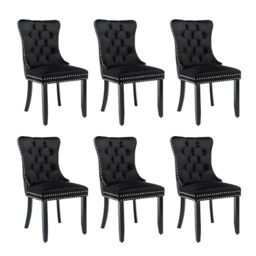 Merax Dining Chairs Set of 6, Modern Upholstered Seating for Kitchen, Featuring Solid Wood Legs, Riveted Trim, Chrome Knocker Ring, High-end Tufted Design, Soft Velvet Upholstery, Black
