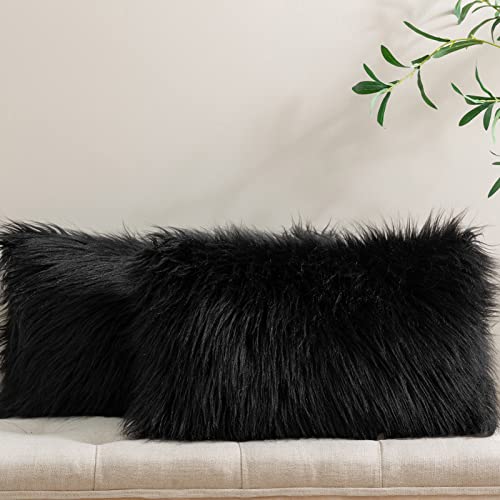 Phantoscope Pack of 2 Faux Fur Throw Pillow Covers Cushion Covers Luxury Soft Decorative Pillowcase Fuzzy Pillow Covers for Bed/Couch,Black 12 x 20 Inches