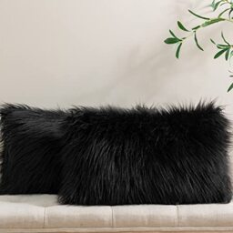 Phantoscope Pack of 2 Faux Fur Throw Pillow Covers Cushion Covers Luxury Soft Decorative Pillowcase Fuzzy Pillow Covers for Bed/Couch,Black 12 x 20 Inches