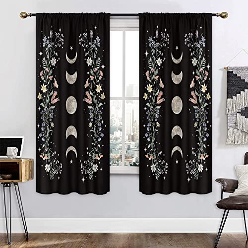 Mitpok Boho Floral Curtains Black Flower Wildflower 42W x 63H Inch Rod Pocket Moon Phase Moonlit Garden Witchy Gothic Aesthetic Spring Nature 2 Panel Window Treatment Set for Bedroom Living Room Decor
