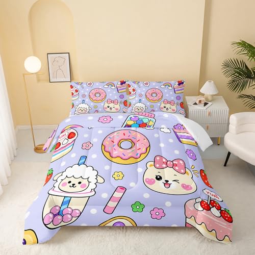 QOOMO Kawaii Bear Comforter Set for Kids Teens Girls Women,Purple Bear Kids Comforter Comforter with 2 Pillowcase, Microfiber 3 Piece Bedding Set,for All Seasons(Purple???Full Size)