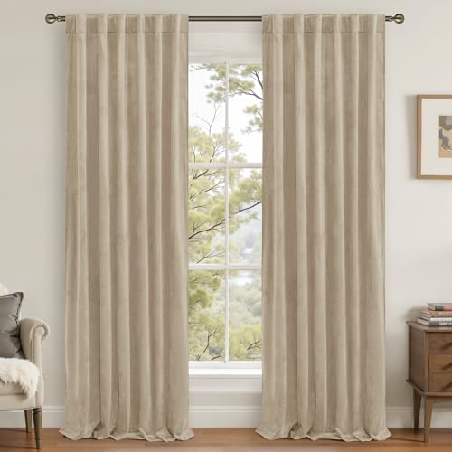 LAMIT Taupe 90 Inch Velvet Curtains for Living Room, Thick Thermal Insulated Room Darkening Drapes Super Soft Elegant Back Tab and Rod Pocket Panels for Sliding Glass Door, 2 Panels, 52 x 90 Inch