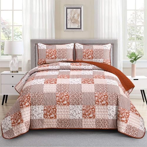 "Mybedsoul Burnt Orange Quilt Set King Size, 3 Pieces Boho Plaid Terracotta Floral Bedspread Set Microfiber Lightweight Bohemian Bedding Bedspread Coverlet Set for All Season 90""x104"""