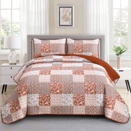 "Mybedsoul Burnt Orange Quilt Set King Size, 3 Pieces Boho Plaid Terracotta Floral Bedspread Set Microfiber Lightweight Bohemian Bedding Bedspread Coverlet Set for All Season 90""x104"""