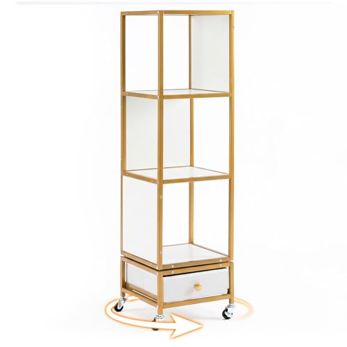 CASART Rotating Bookshelf, 360° Spinning Corner Bookcase (White + Golden)