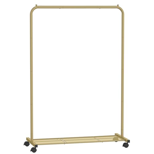 SONGMICS Clothes Rack with Wheels, Clothing Rack for Hanging Clothes, 25.4 mm Metal Garment Rack with Dense Mesh Storage Shelf, 110 lb Load Capacity, 2 Brakes, Gold UHSR025A01