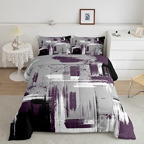 Feelyou Abstract Bedding Set Kids Modern Abstract Art Comforter Set Purple Grey Black Comforter for Boys Room Decor Lightweight Retro Duvet Set Full Size with 2 Pillow Case