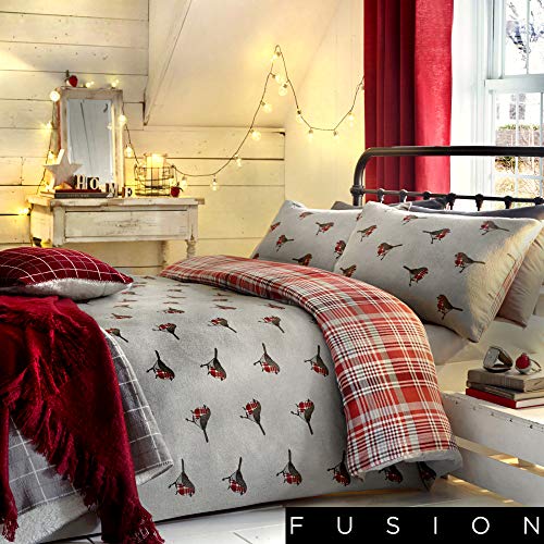 Fusion Robin Brushed Cotton Duvet Cover Set Double Bed Size in Red & Grey