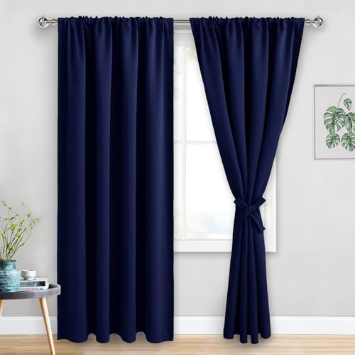 JIUZHEN Blackout Curtains for Bedroom - Thermal Insulated Room Darkening Noise Reducing, 52 x 84 Inch Length Curtains for Living Room, Set of 2 Panels with Tiebacks, Navy Blue