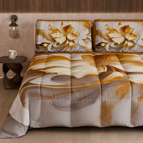 PETTI Artigiani Italiani - Winter Quilt, Winter Duvet, Double Sided Quilt, Solid Colour and Digital Floral Print 06 20, 100% Microfibre, Made in Italy