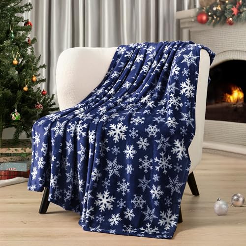 PAVILIA Christmas Throw Blanket - Navy Snowflake Christmas Fleece Blanket - Soft, Plush, Warm Winter Cabin Throw, 50x60 (Navy/White Snowflake)
