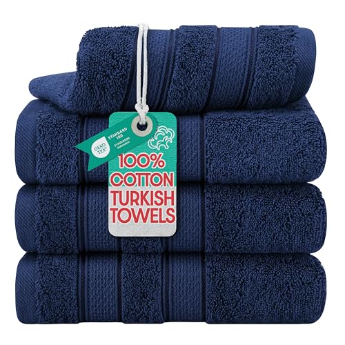 American Soft Linen Salem 100% Cotton Turkish 4 Piece Hand Towels for Bathroom, 600 GSM Soft Absorbent Quickdry Hand Face Towel Set, Navy Blue