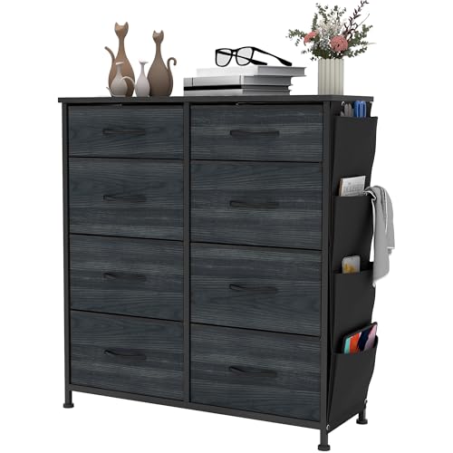 YITAHOME Chest of Drawers with 8 Drawers, Fabric Drawers with Side Pocket&Hooks,Easy Pull Handle,Sturdy Steel Frame,Storage Drawers for Bedroom, Closet, Clothes,Charcoal Black Wood Grain