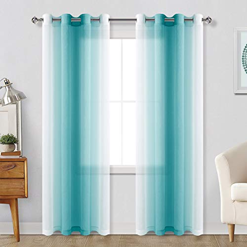 Hiasan Ombre Sheer Curtains for Living Room - Faux Linen Voile Grommet Window Curtains for Bedroom, Set of 2 Panels, 52 x 108 Inches Long, Turquoise Gradient