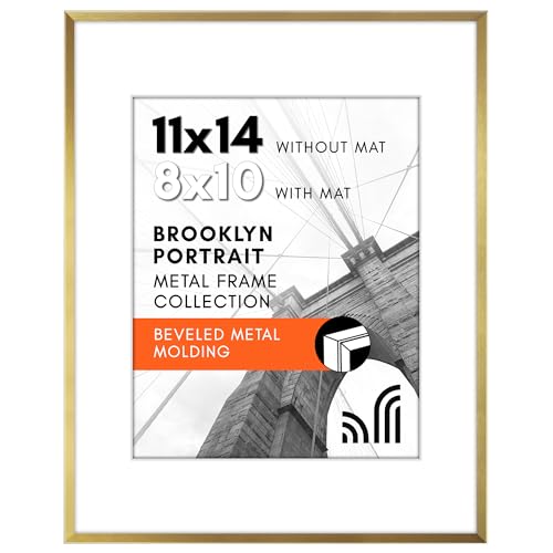 Americanflat Aluminum 11x14 Picture Frame with Shatter-Resistant Glass - Use as 8x10 Frame with Mat or 11x14 Frame Without Mat - Brooklyn Collection - Photo Frame for Wall Display - Gold