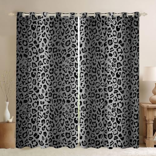 Feelyou Leopard Printed Curtains Africa Cheetah Window Drapes for Kids Boys Girls Teens Safari Animal Window Curtains for Bedroom Room Decor Silver Gray Black Window Treatments, 52x84 Inches,2 Panels