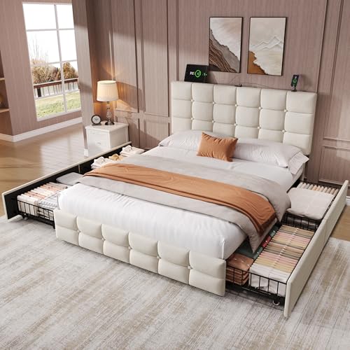 Ball & Cast 4ft6 Double Bed Frame with 4 Storage Drawers, Platform Bed with Adjustable Channel Tufted Headboard, Velvet, Sturdy Metal-Wood Support, No Box Spring Needed, Easy Assembly,Beige