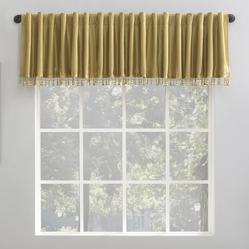 "Sun Zero Greyson Faux Dupioni Silk Beaded Tassels Thermal Extreme Total Blackout Back Tab Curtain Valance, 50"" x 17"", Gold"