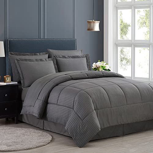 Sweet Home Collection 2 Pillowcases & 2 Shams & Bed Skirt All Season Warmth, Fine Double Brushed Microfiber/100% Fiber Fill, Dobby Gray, King