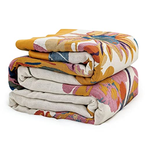 MSGKV Boho Throw Blanket for Couch 100% Cotton Throw Floral Bed Blanket 80''x90'',Cotton Quilts Travel Knitted Muslin Blanket Home Decor Cozy Blankets for Women
