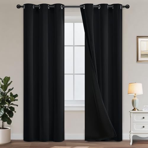 Yakamok Curtains 84 inch Length, Thermal Insulated & Energy Efficiency Window Draperies for Guest Room, Full Shading Panels with Black Liner for Shift Worker and Light Sleepers, W38 x L84, Black