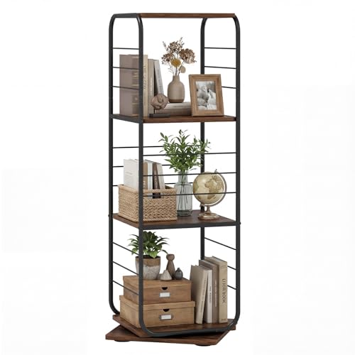 CASART 4-Tier Rotating Bookshelf (Black + Rustic Brown)