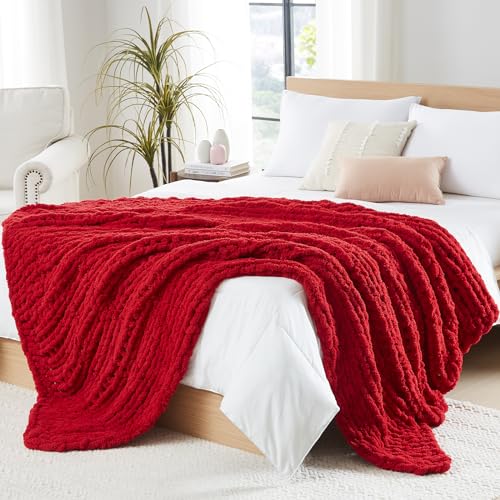 L'AGRATY Chunky Knit Throw: 72''x84'' Chenille Blanket for Bed Couch - Handmade Thick Big Cable Knit - Large Crochet Rope for Home Decor (Red)