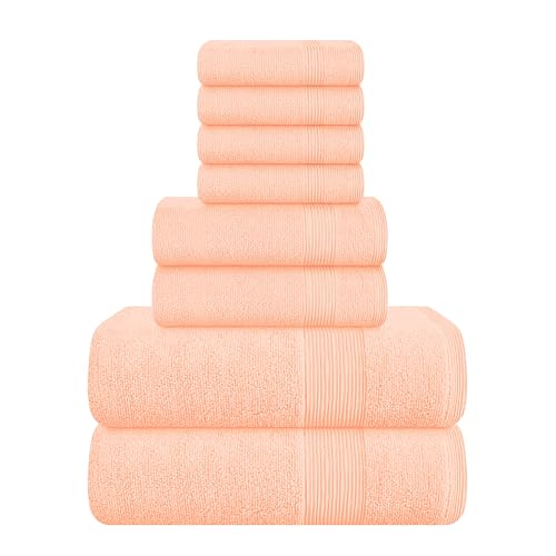 Elvana Home 8 Piece Towel Set 100% Ring Spun Cotton, 2 Bath Towels 27x54, 2 Hand Towels 16x28 and 4 Washcloths 13x13 - Ultra Soft Highly Absorbent Machine Washable Hotel Spa Quality - Peach