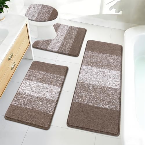 Bsmathom Bathroom Rugs Sets 4 Piece with Toilet Lid Cover, Non-Slip Absorbentb Rugs and Mats for Bathroom Microfiber Shaggy Machine Washable Bath Rug Set, Coffee