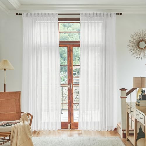 White Semi Sheer Linen Curtains 108 Inches Long for Living Room 2 Panels Back Tab Sheer Textured High Ceiling to Floor Curtains Drapes for Patio Stunning Urban Industrial Farmhouse 9 FT 60x108