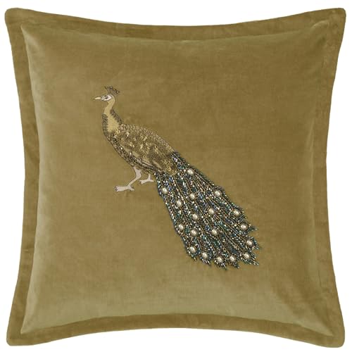 Voyage Maison Mayura Feather Filled Cushion – Velvet Embroidered Peacock Oxford Edge Anahita Luxury Décor (Mustard - 55x55cm)