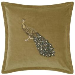 Voyage Maison Mayura Feather Filled Cushion – Velvet Embroidered Peacock Oxford Edge Anahita Luxury Décor (Mustard - 55x55cm)