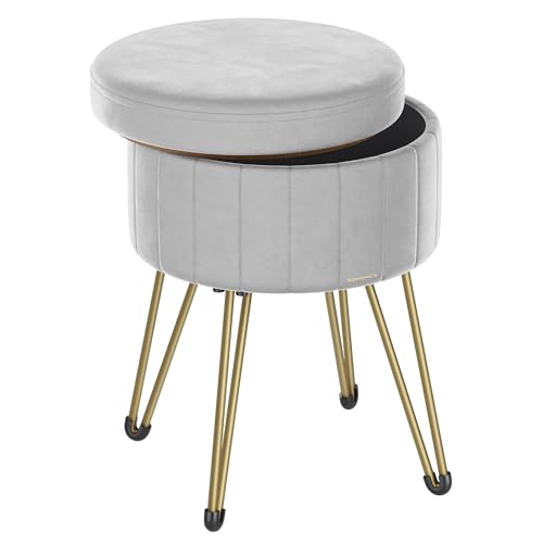 SONGMICS Storage Ottoman, Velvet Dressing Table Stool, 39 x 44.4 cm (Dia. x H), Round Storage Stool Seat, 4 Metal Legs, for Dressing Room, Living Room, Bedroom, Dove Grey LOM003G52