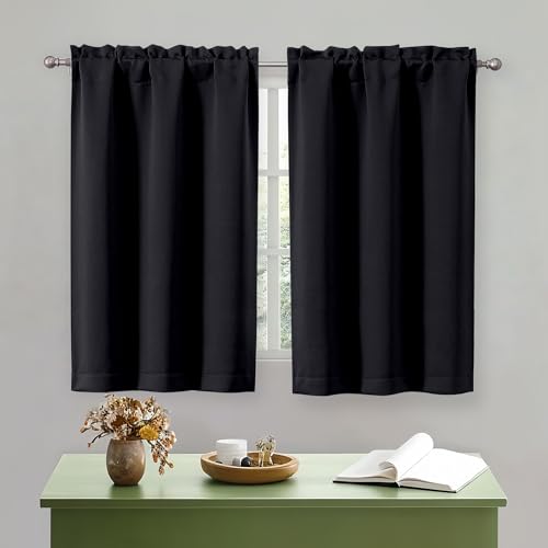 "OWENIE Black Short Blackout Curtains 45 Inch Length 2 Panels Set for Small Kitchen Bedroom Window, Rod Pocket Privacy Curtains Tier for Bathroom Basement Cabinet Camper RV Bunk, Each 30"" Wx45 L"
