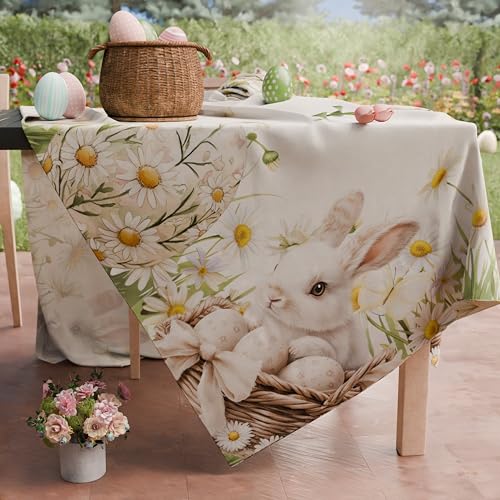PETTI Artigiani Italiani - Easter Tablecloth Stain Resistant Square 140x140 cm 4 Seats, Microfibre Kitchen Table Cover, Daisy Design Rabbits and Daisies, 100% Made in Italy