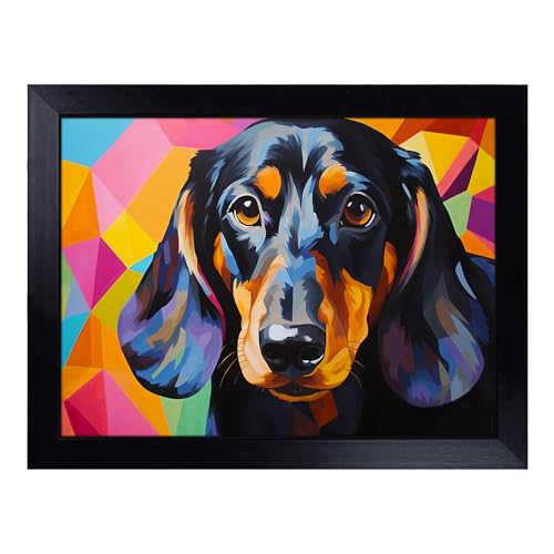 Lap Tray with Bean Bag Cushion, Dachshund Geometric - Handmade in the UK, Raised Wooden Edge, Padded Cushion, Heat-Resistant Wipe-Clean Surface, for Meals, Laptops and Crafts