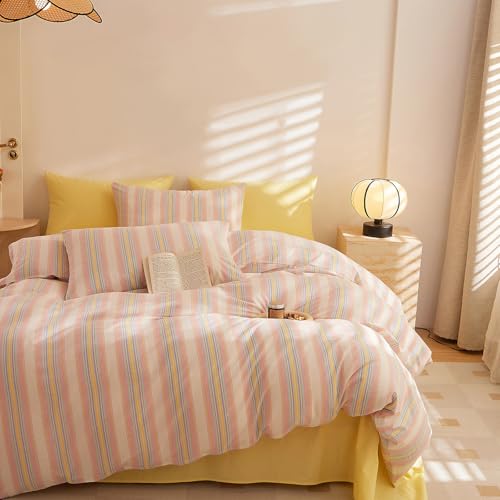 EAVD Stripes Duvet Cover Set King 100% Washed Cotton Colorful Striped Bedding Duvet Cover Set with Streak Pillowcases-Farmhouse Modern Style Ultra Soft Breathable Zipper Closure Corner Ties