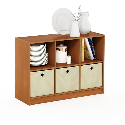 Furinno BASIC Book Shelf, 6-Cube Bookshelf, 3 x 2 Bookcase with Storage Bins, 11.9 x 31.6 x 23.6, for Living Room, Bedroom, Home Office, Light Cherry