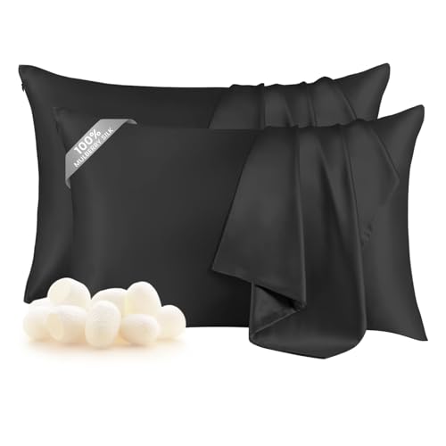 "THXSILK Set of 2 100% Mulberry Silk Pillowcase for Hair and Skin, Both Sides 19 Momme Pure Natural Silk Pillowcases, Soft and Breathable Black Zipper Pillowcases, Queen Size 20""??30"""
