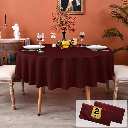 MEANMOY 2 Pack Burgundy 210 GSM Water & Stain Resistant Round Tablecloth - Solid 60 Inch Circle Table Cloth Cover in Wrinkle Free Washable Wipe Clean Polyester for Wedding, Party, Banquet (2 Pcs)