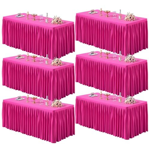 6 Pack Hot Pink Tablecloths for Rectangle Tables 8ft, Wrinkle Resistant Spandex Table Cover Fitted Stretch Table Cloth with Pleated Ruffle Skirts for Party Banquet Dining Birthday Wedding