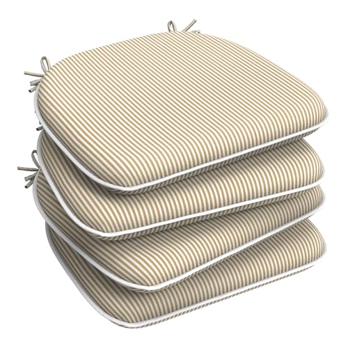 LVTXIII Outdoor Seat Cushions Set of 4 Patio Chair Pads with Ties, All Weather Chair Cushions for Home Office and Patio Garden Furniture Decoration D16”xW17”, Stripe Beige