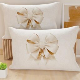PETTI Artigiani Italiani - Pair of Pillow Cases 40 x 60 cm in Microfibre, Cushions for Bedroom Furniture, Sofa, Living Room, Set of 2 Cushion Covers, Beige Bow Pillow, 100% Made in Italy