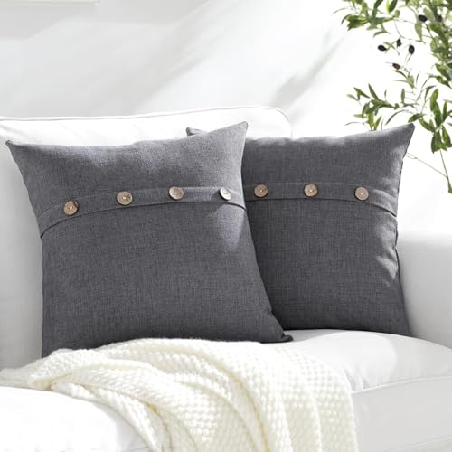 Meekio Set of 2 Dark Gray Square Pillow Covers 22 x 22 Farmhouse Linen Pillow Covers with Coconut Buttons for Sofa Couch Living Room Bedroom Farmhouse D??cor for the Home Housewarming Gifts