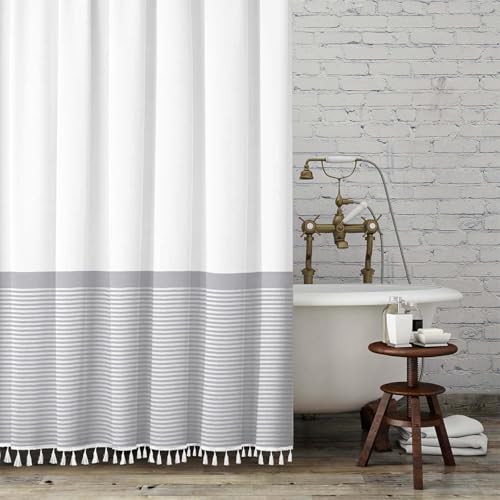 Tassel Fabric Shower Curtain, 96 Inch Extra Long Gray Striped Bathroom Shower Curtain with Tassels White Nordic Chic Polyester Bath Curtain Sets (72 x 96, White)