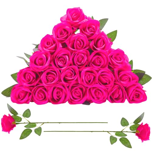 Ovveroche 24 Pcs Hot Pink Rose Artificial Flowers with Long Stem Real Touch Silk Roses Bulk for Wedding, Party, Table Centerpieces Bright Pink Bouquet, Bridal, Home Decor