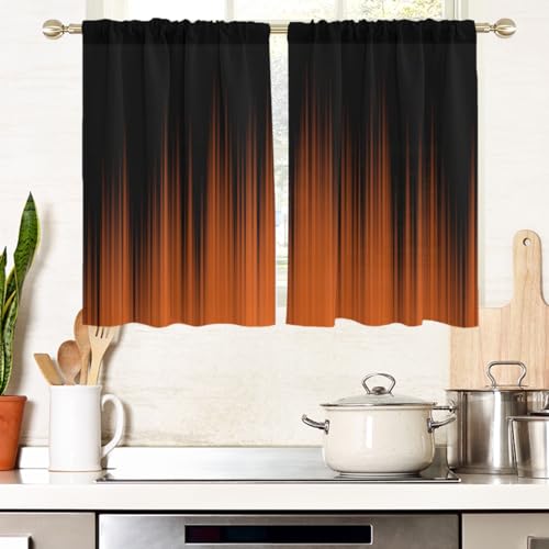 "AAtter Orange and Black Kitchen Curtains, Ombre 27.5"" W x 45"" L, 2 Panels - Terracotta Modern Rod Pocket Drapes, Dark Abstract Striped Style, Trendy Anime Design, Small Short Bathroom Window Tiers"