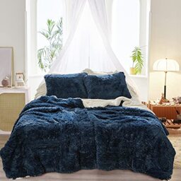 Joyreap 3PCS Plush Shaggy Comforter Set, King Size Luxury Faux Fur Velvet Fluffy Bedding Set for All Season (Navy, 100x88 inches)