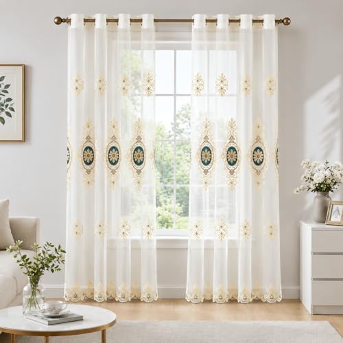 VOGOL Blue Simple Chenille Jacquard Sheer Window Elegance Curtains/Drapes/Panels/Treatments for Bedroom Living Room,Top Grommets, Two Panels, W54 x L96 inch